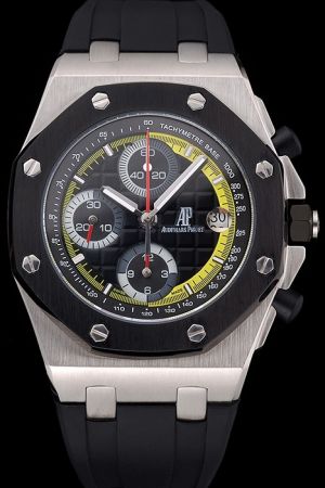 AP Royal Oak Offshore Ion-plated Screwed Bezel Tapisserie Dial Yellow Scale Rim Rubber Strap Automatic Watch 26207IO.OO.A002CA.01