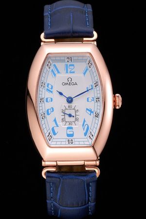 Women Omega Specialities Olympic Games Collection Sochi 2014 Limited Edition Rose Gold Tonneau Case Arabic Scale Blue Strap Watch