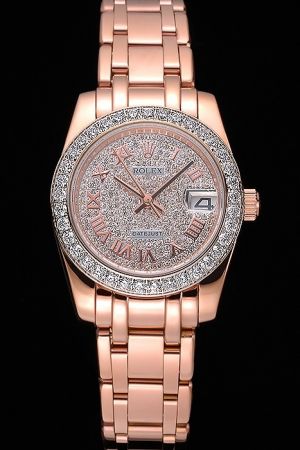 Rolex Datejust Full-set Diamonds Bezel/Dial 18k Rose Gold Case/Scale/Hand/Bracelet Convex Lens Date Window Lady Wedding Watch