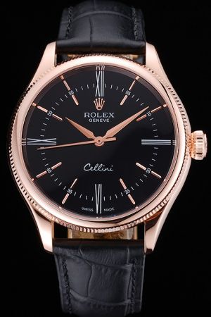 High  Rolex Cellini 39mm Rose Gold Fluted Bezel/Alpha Pointer Black Face Two-tone Hour Scale Black Strap Auto Watch