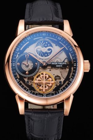 PP Grand Complications Tourbillon Rose Gold Case Black Skeleton Dial Dual Time Watch