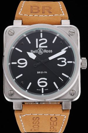 Bell & Ross BR 01-94 High Quality Classic Version Black Dial Silver Square Case Brown Strap Watch BR011