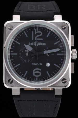 Bell and Ross BR 03-94 Black Dial Silver Square Case Black Leather Strap Watch On Sale BR023