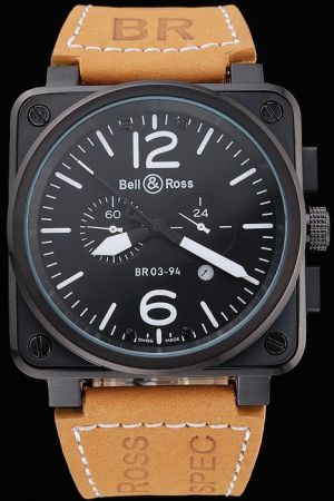 Bell & Ross BR 03-94 Heritage Ceramic Square Black Case White Markers Brown Leather Strap Watch BR009 
