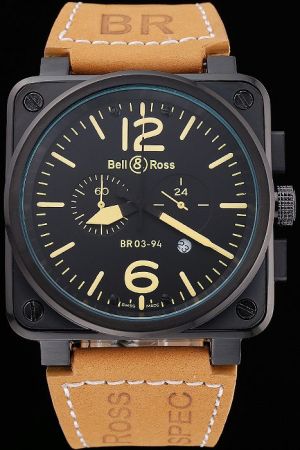 Bell and Ross Matte Black PVD Coated Black Bezel Brown Leather Strap Watch  BR 03-94 BR014