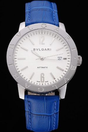 Bvlgari Simple Casual White Dial Silver Case Blue Leather Strap Automatic High Quality Watch BV089