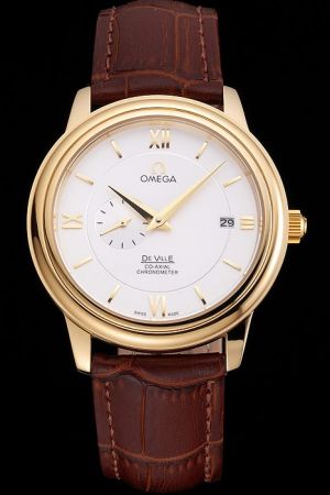 Omega De Ville Co-Axial Prestige Tuxedo Bezel Yellow Gold Case/Marker/Pointer White Concentric Dial Brown Band Date Watch