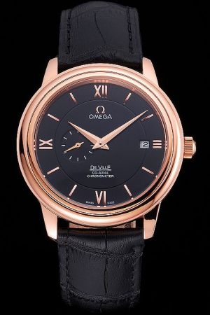 Omega De Ville Co-Axial Prestige Rose Gold Case/Marker/Hand Tuxedo Bezel Black Concentric Dial Second Sub-dial Men Watch