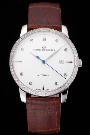 Girard-Perregaux 1966 49525D53A1A1-BK6A Silver Diamonds Case White Dial Brown Leather Watch GP005