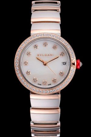 Bvlgari Lvcea 102384 LU36WSPGSPGD/11 White Dial Diamonds Case Two Tone Bracelet Dress Watch BV042