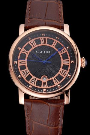 Cartier   Brown Strap  Pink Gold Bezel 40mm Watch KDT127 Gents Rotonde