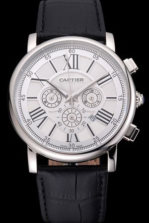 Cartier Rotonde White Gold  chronograph Watch W1556226  KDT160 Black Leather Wristband
