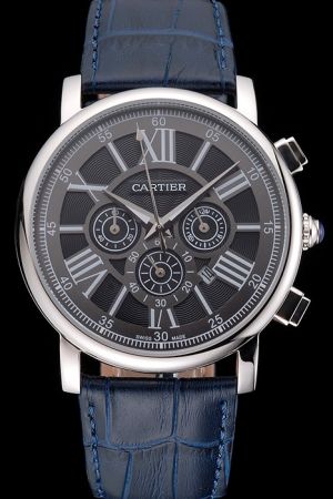 Faux Cartier Blue Strap Date Silver  Bezel Rotonde chronograph 42mm  Watch KDT158