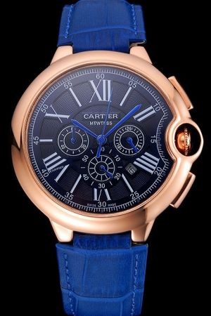 Sports Cartier Blue Leather Strap Ballon Bleu  Mens Chronograph Watch KDT318 Rose Gold Case 
