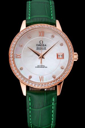 Lady Omega De Ville Co-Axial Prestige Rose Gold Diamonds Bezel Pearl Concentric Dial Diamonds/Roman Scale Green Strap Watch