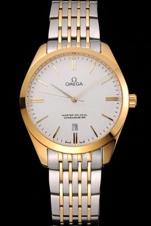 Omega De Ville Co-axial Master Chronometer Yellow Gold Case/Scale/Hand White Dial With Clous de Paris Two-tone Bracelet Watch