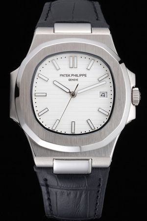 Patek Philippe Nautilus White Horizontal Stripe Dial Luminous Scale Black Band Fake Watch