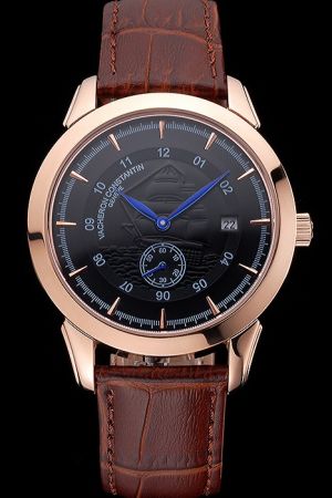 VC Traditionnelle All Stainless Steel 3AM Rose Gold Case Stick/Arabic Scale Black Dial With Barque Pattern Two Blue Hands Watch