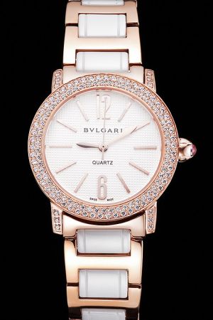 Bvlgari Bvlgari White Textured Dial Diamonds Bezel Gold Plated Case Two Tone Bracelet Watch BV065