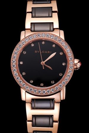 Bvlgari Bvlgari Black Dial Diamonds Markers And Bezel Gold And Black Two Tone Bracelet Quartz Watch BV053