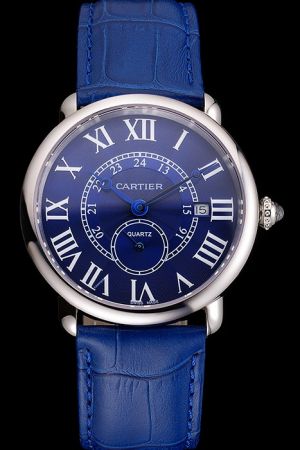 Cartier White Gold Ronde Blue Leather Wristband Nice Price  Suits Watch KDT078
