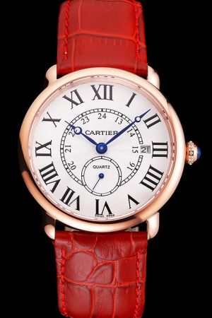 Business Style Cartier Rose Gold Blue Hands SS Red Strap Watch KDT081 Unisex Ronde