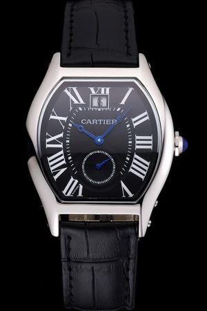 Cartier Mens W1556363 White Gold  Bezel Tortue Suits 39mm Watch KDT164 Black Strap