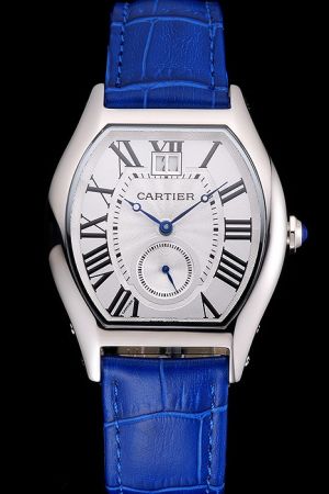 Cartier Classy Blue Leather Strap Tortue Casual Gents 42mm Watch KDT67 Silver Case 