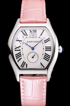 Cartier White Gold Tortue Pink Leather Wristband Nice Price  Skirts Sweet Watch KDT170  