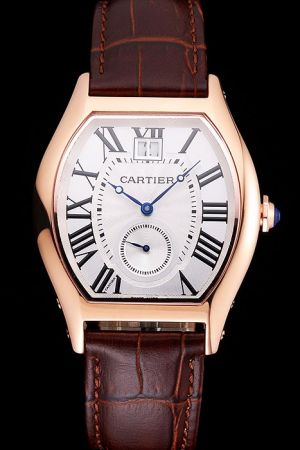 Men's Cartier Tortue Blue Hands Rose Gold  SS Business Watch KDT165 Brown Leather Strap