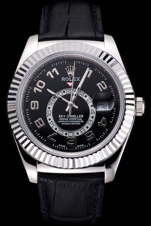 Men’s Rolex Sky Dweller 42mm Silver Fixed-fluted Bezel Black Dial Arabic Scale One 24-hour Sub-dial Black Strap Date Watch Ref.326139