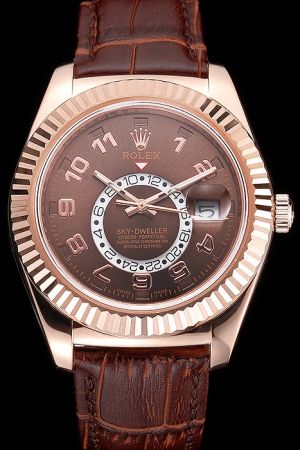 42mm Rolex Sky Dweller Rose Gold Fixed-fluted Bezel Brown Face/Strap Arabic Hour Scale Stick Hand 24-hour Sub-dial Watch Ref.326135-L(FC)