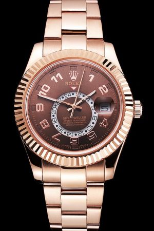 Rolex Sky Dweller 42mm Fixed-fluted Bezel Brown Dial Arabic Hour Scale 24-hour Sub-dial 18k Rose Gold Plated Stainless Steel Watch Ref.326935