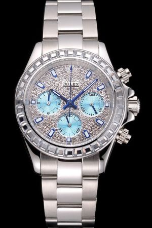 Rolex Daytona Sapphires Bezel Diamonds Dial Blue Chromalight Hour Markers/Stick Pointer Three Light Blue Sub-dials Steel Bracelet Watch