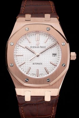Men’s Duplicate AP Royal Oak Rose Gold Case&Hands White Tapisserie Dial Brown Strap Watch 15400OR.OO.D088CR.01