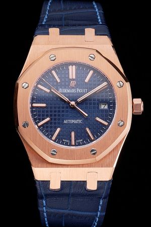 Swiss AP Royal Oak Rose Gold Case&Scale Octagonal Screwed Bezel Blue Tapisserie Dial&Strap Watch