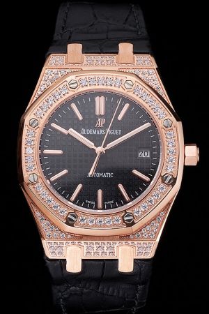 AP Royal Oak Black Tapisserie Face Rose Gold Diamonds Case Luminous Marker  Swiss Watch