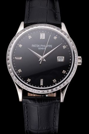 Patek Philippe Calatrava 38mm Jewelry Bezel Black Dial Diamonds Scale  Watch 5297G 
