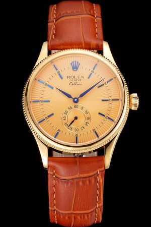  Rolex Cellini 18k Gold Fluted Bezel Gold Guilloche Dial Blue Stick Scale/Alpha Pointer Second Display Sub-dial Swiss Watch