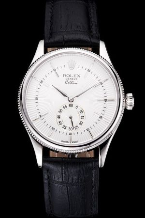  Rolex Cellini Silver Case Fluted Bezel White Guilloche Dial Alpha Pointer One Second Sub-dial Black Strap Quartz Watch Ref.50529