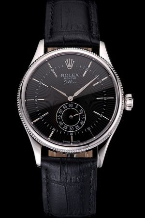 Rolex Cellini 18k White Gold Fluted Bezel Black Guilloche Dial Hour Scale Two Alpha Hands Second Display Sub-dial Watch
