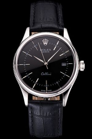 Fake Rolex Cellini White Gold Case Fluted Bezel Black Guilloche Dial Silver Stick Scale/Alpha Hand Black Strap Date Swiss Watch