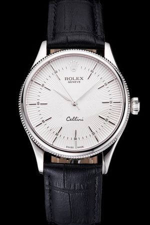 Swiss Rolex Cellini Silver Fluted Bezel White Guilloche Dial Thin Stick Marker Alpha Hands Black Strap Quartz Men Dress Watch