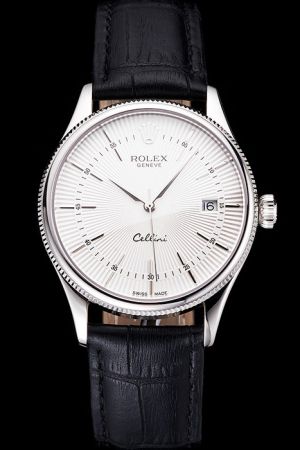 Rolex Cellini Silver Fluted Bezel White Guilloche Dial Stick/Arabic Scale Three Alpha Pointers Black Strap Date Swiss Made Watch