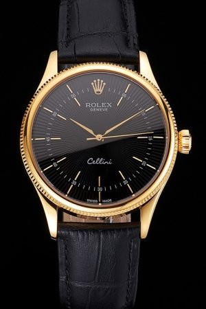 Rolex Cellini Yellow Gold Fluted Bezel/Alpha Hand/Hour Scale Black Guilloche Dial/Leather Strap Swiss Quality Watch
