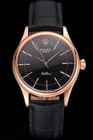 Men's Rolex Cellini 39mm Rose Gold Fluted Case/Alpha Pointer Black Guilloche Dial Stick Hour Scale Business Swiss Watch
