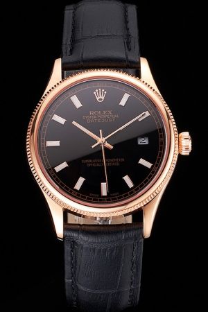  Rolex Datejust 18k Rose Gold Case Fluted Bezel Black Dial/Strap Luminous Marker Stick Hands Swiss Quartz Men Watch