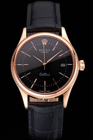 Gents Rolex Cellini Rose Gold Plated SS Case Fluted Bezel Black Guilloche Dial/Leather Strap Stick Hour Marker Watch