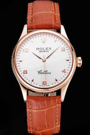 Swiss Rolex Cellini 18k Rose Gold Fluted Case White Dial Arabic Marker Alpha Hand Brown Band 39mm Male Watch