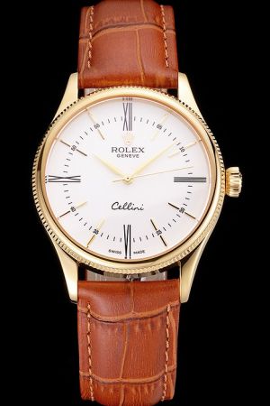 Men's Rolex Cellini 39mm Yellow Gold Fluted Bezel/Alpha Hand Roman/Stick Scale Brown Strap Business Swiss Watch